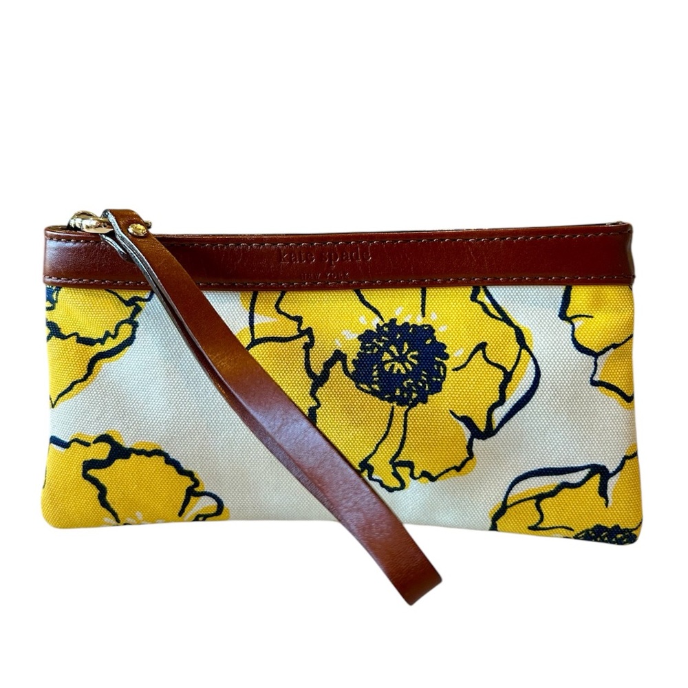 Kate Spade Yellow Floral Wristlet with Brown Trim